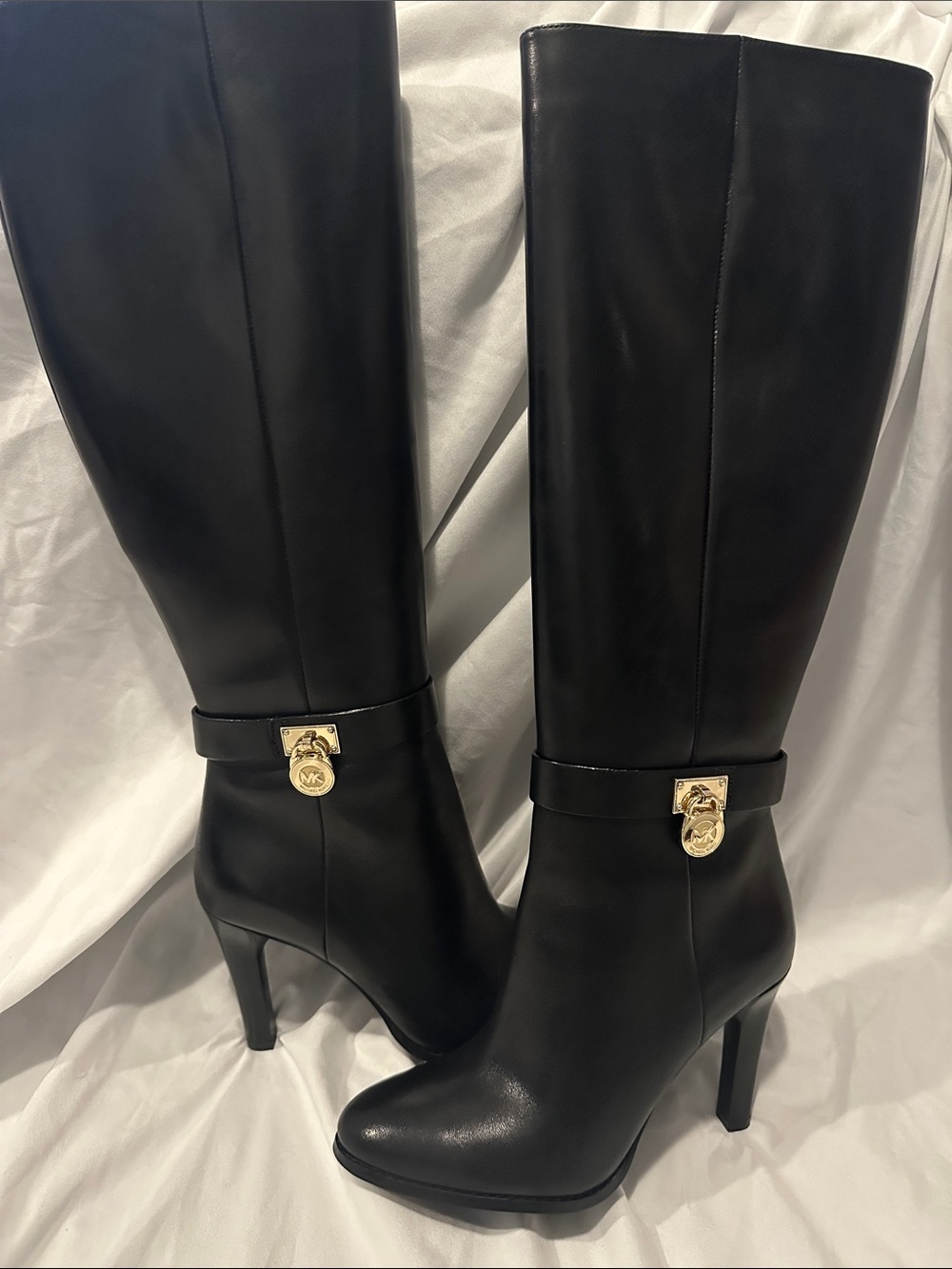 Michael Kors Black Leather Tall Heeled Boots with Gold Logo Lock